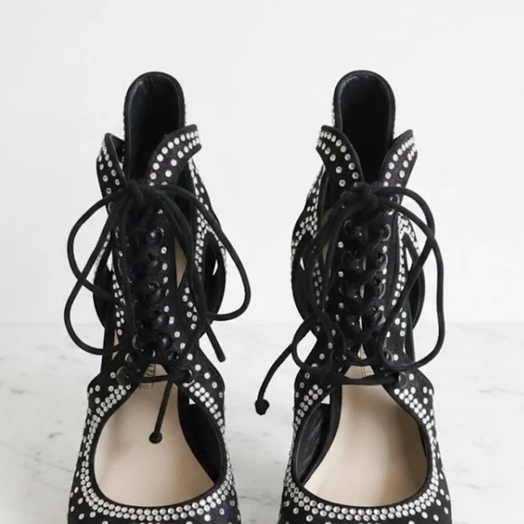Sophia Webster Satin Crystal Embellished Lace-Up Black Strappy Heels Size 7 / 37